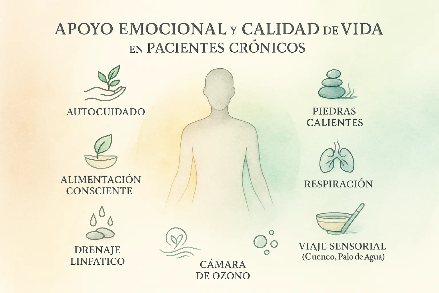 Ilustración de apoyo emocional y terapias complementarias para mejorar la calidad de vida en pacientes con enfermedades crónicas.