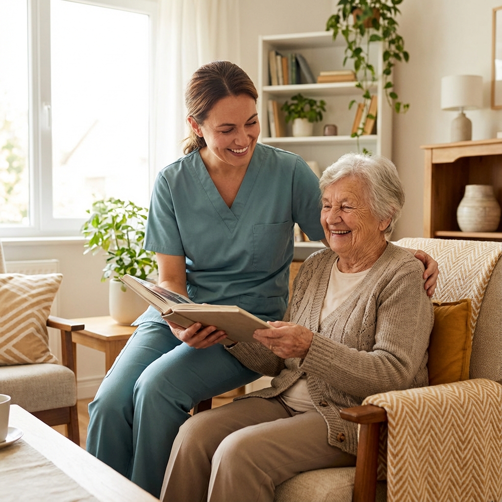Cuidadora profesional brindando atención integral a adulto mayor en su hogar — servicio de cuidado a domicilio en Santiago