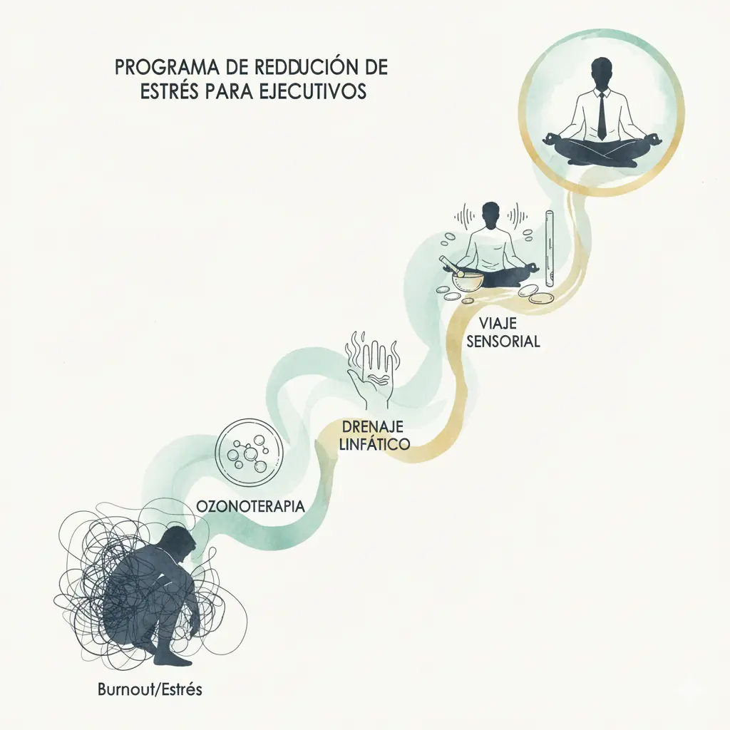 Infografía: Programa anti estrés para ejecutivos en Santiago. Muestra la progresión del burnout al bienestar con Ozonoterapia, Drenaje Linfático y Viaje Sensorial.
